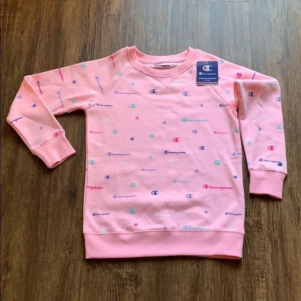 Girls Champion All Over Logo Pink Crewneck Sweatshirt Sz Medium NWT - Picture 4 of 12